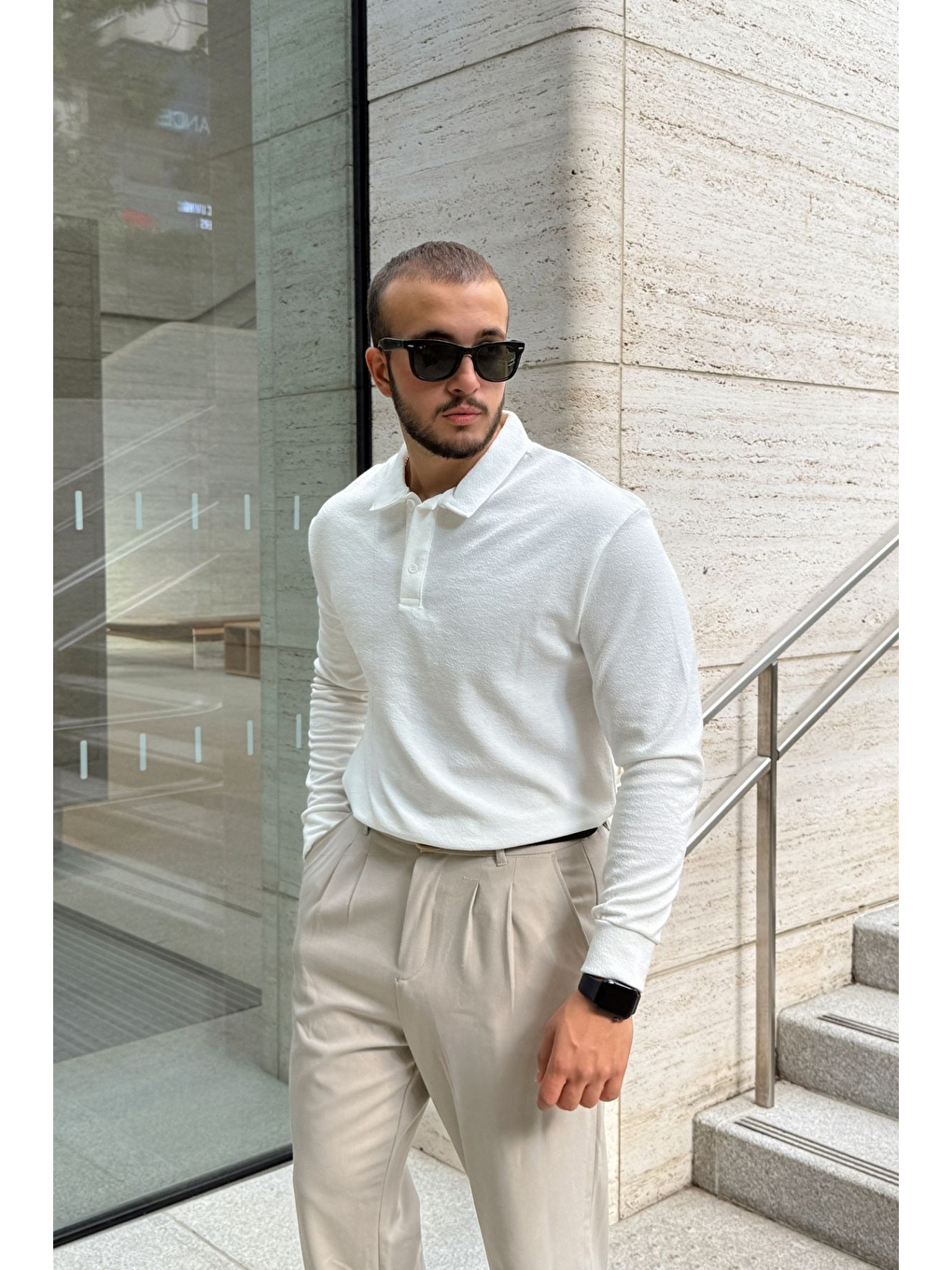 Beyaz Cali Erkek Regular Fit Polo Yaka Uzun Kollu Sweatshirt Tişört-5