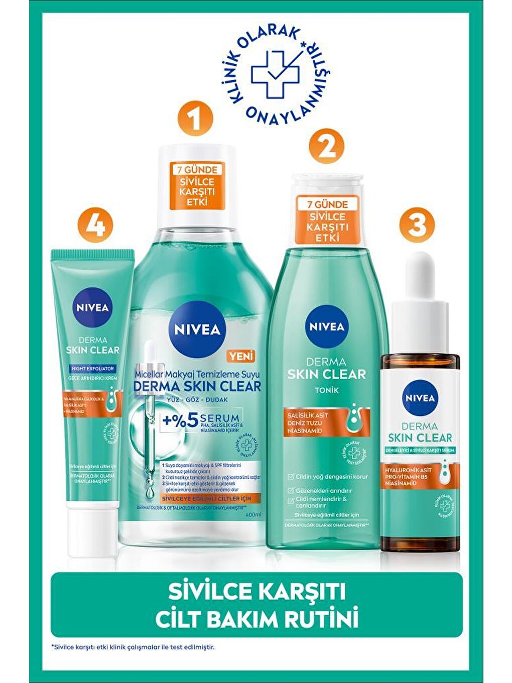 Derma Skin Clear Sivilce Karşıtı Serum 30ml, Makyaj Temizleme Suyu 400ml, Tonik 200ml ve Gece Kremi