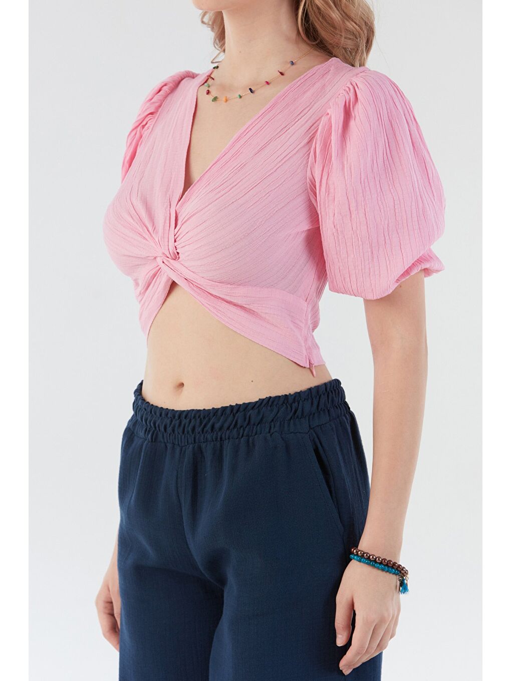 Pembe Önü Düğümlü Balon Kol Bluz-4