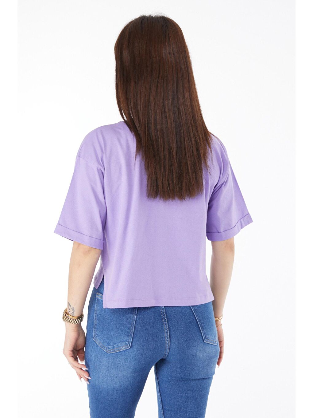 Bisiklet Yaka Kadın Lila Cepli Yırtmaçlı Tişört - 24790-4