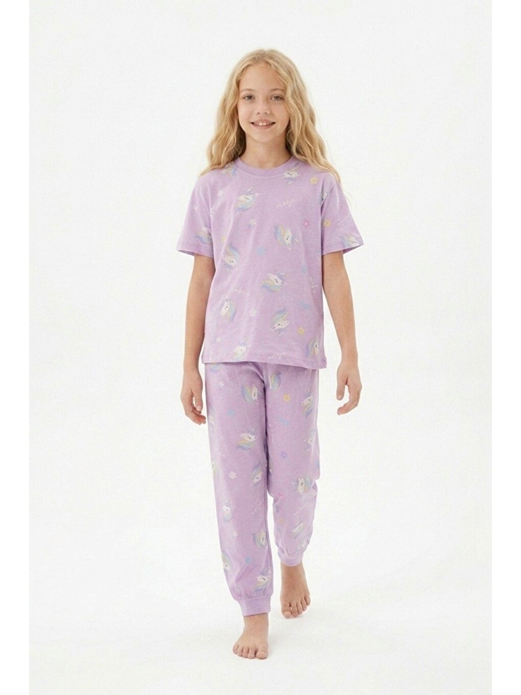 Lila Desenli Kısa Kollu %100 Pamuk Kız Çocuğu Pijama Takımı-1