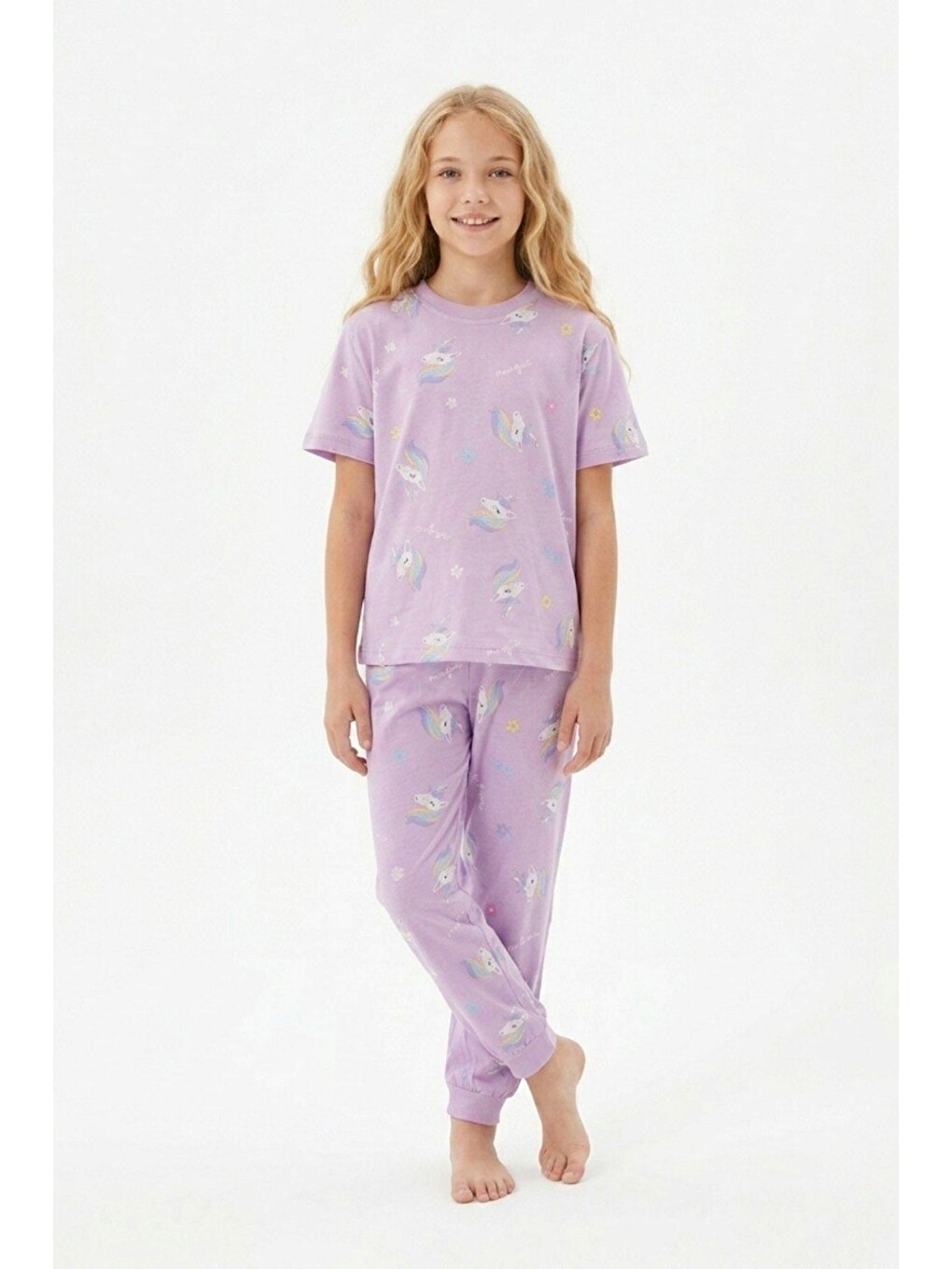 Lila Desenli Kısa Kollu %100 Pamuk Kız Çocuğu Pijama Takımı-2
