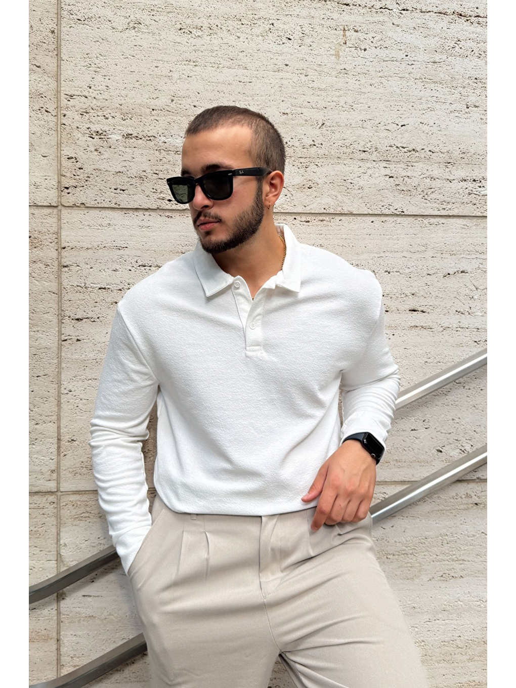 Beyaz Cali Erkek Regular Fit Polo Yaka Uzun Kollu Sweatshirt Tişört-6