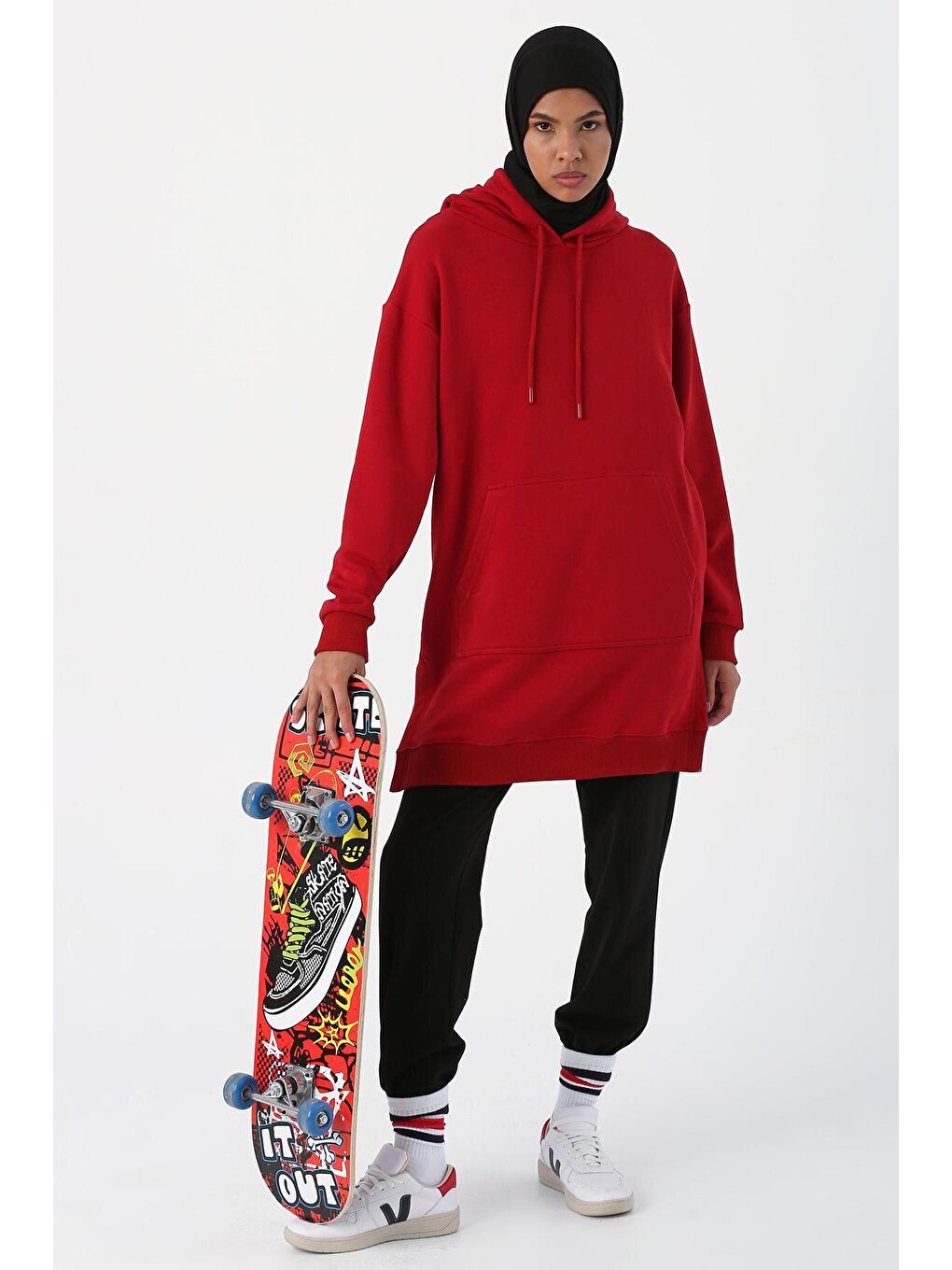 Kırmızı Oversize Kapüşonlu Yanları Yırtmaçlı Sweat Tunik-4