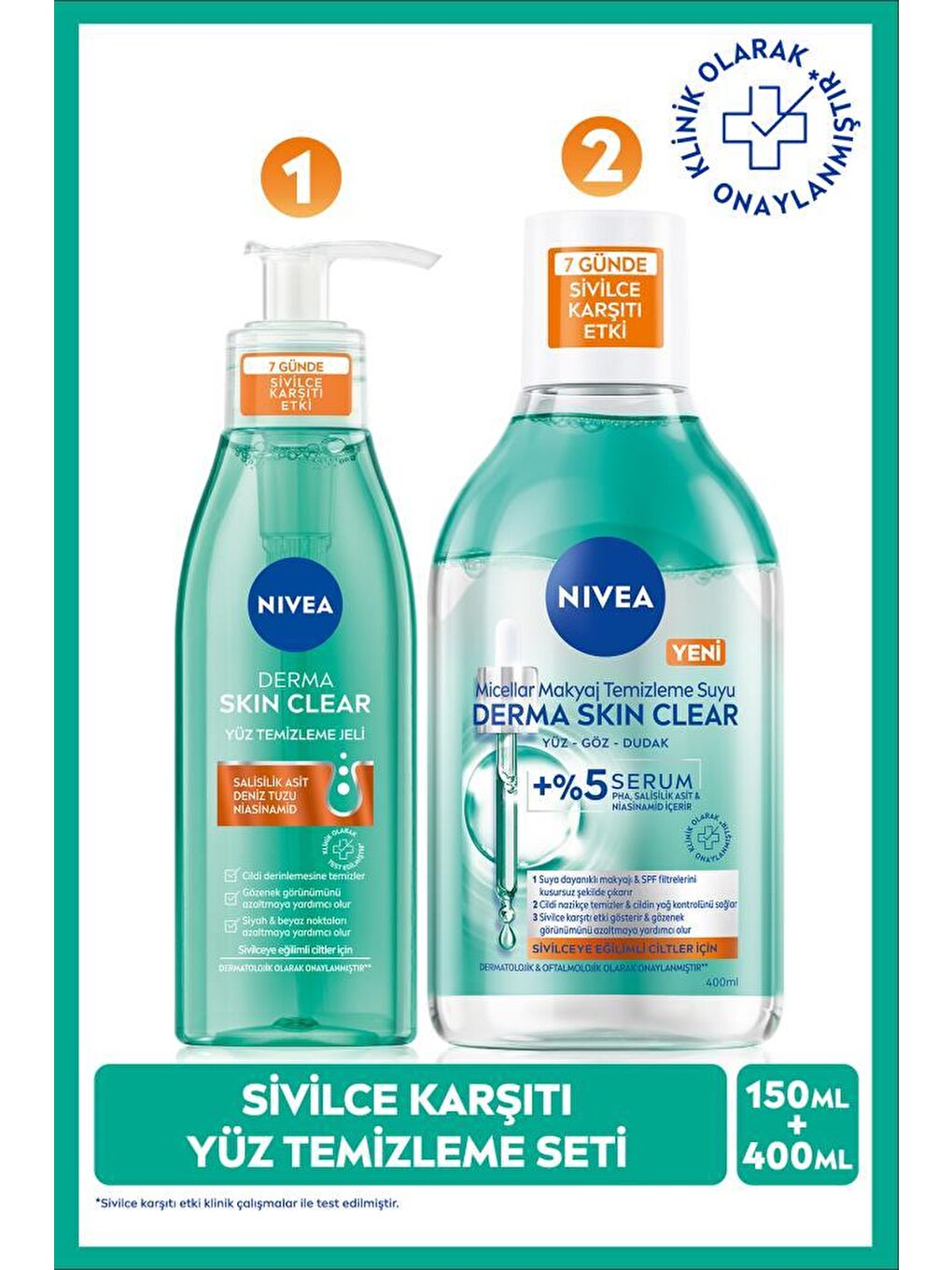 Derma Skin Clear Sivilce Karşıtı Yüz Temizleme Jeli 150ml ve Micellar Makyaj Temizleme Suyu 400ml