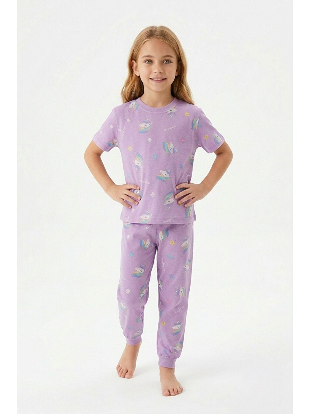Lila Desenli Kısa Kollu %100 Pamuk Kız Çocuğu Pijama Takımı-3