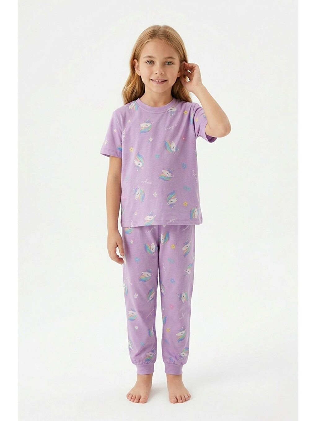 Lila Desenli Kısa Kollu %100 Pamuk Kız Çocuğu Pijama Takımı-4