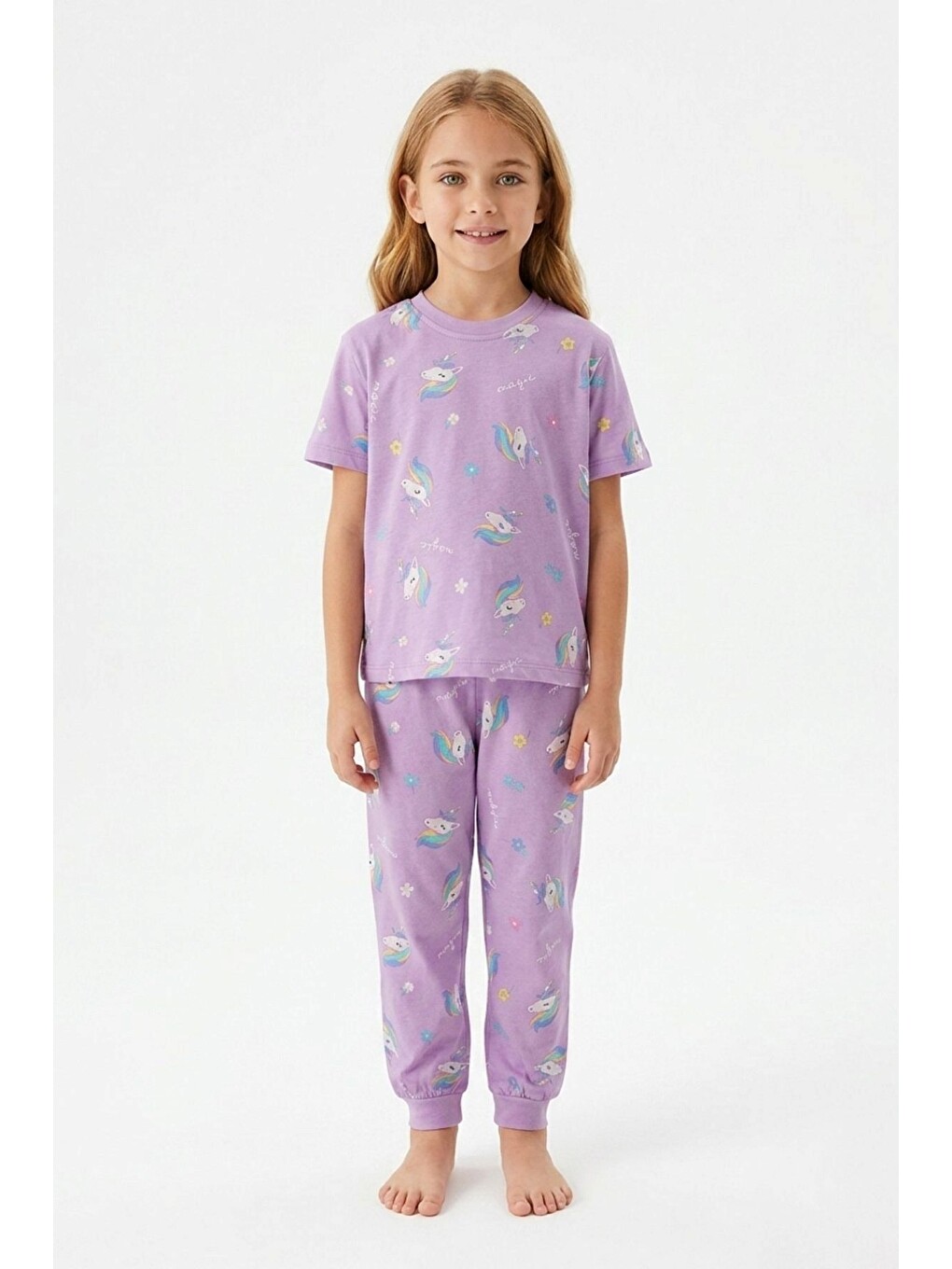 Lila Desenli Kısa Kollu %100 Pamuk Kız Çocuğu Pijama Takımı-5