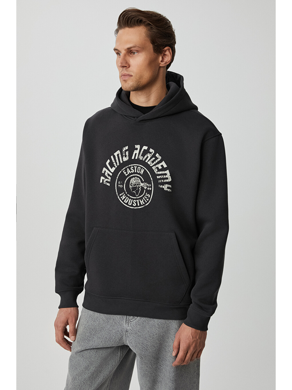 Edgar Erkek %75 Pamuk %25 Polyester Yumuşacık Kapüşonlu Oversize Antrasit Sweatshirt-2