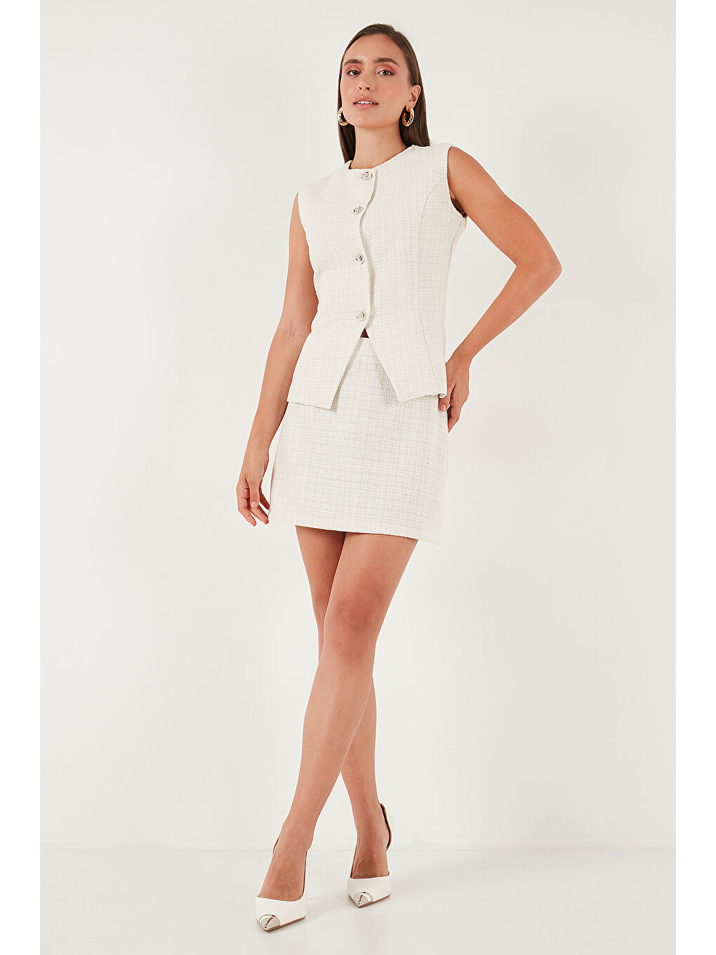 Ekru Pamuk ve Yün Karışımlı Slim Fit Bisiklet Yaka Kadın Tüvit Yelek 611YE00059-1