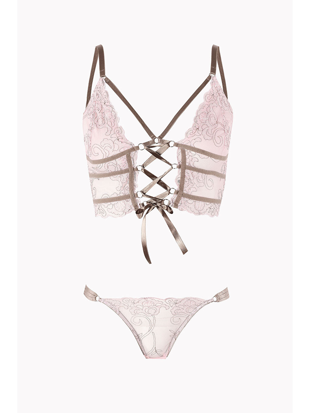 Pembe Kahve Dekolteli Kapsız Bralet Takım