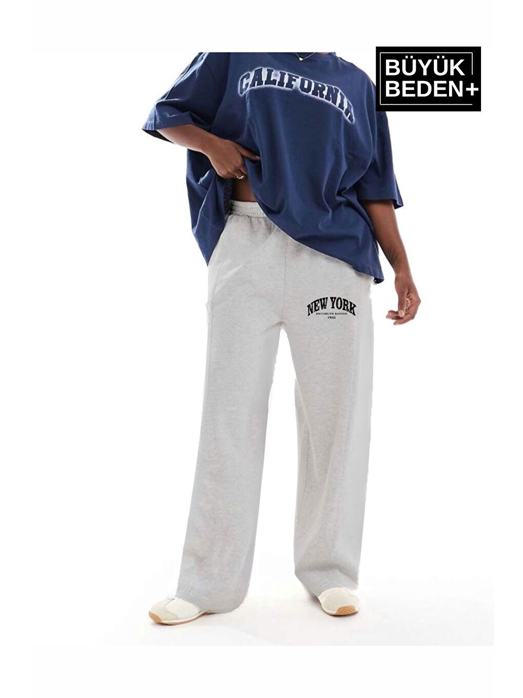 Gri Kadın Büyük Beden New York Baskılı İnce Eşofman Altı SPR25BEAK47