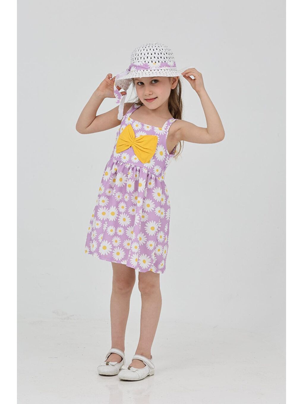Kız Çocuk Lila Papatya Desenli Şapkalı Elbise - 27208