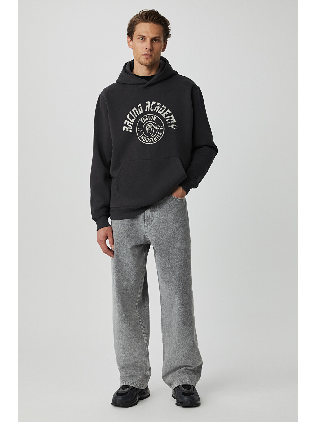 Edgar Erkek %75 Pamuk %25 Polyester Yumuşacık Kapüşonlu Oversize Antrasit Sweatshirt-3