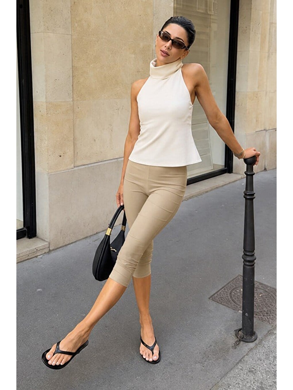 Bej Yüksek Bel Slim Fit Kapri Spor Tayt Mg2817