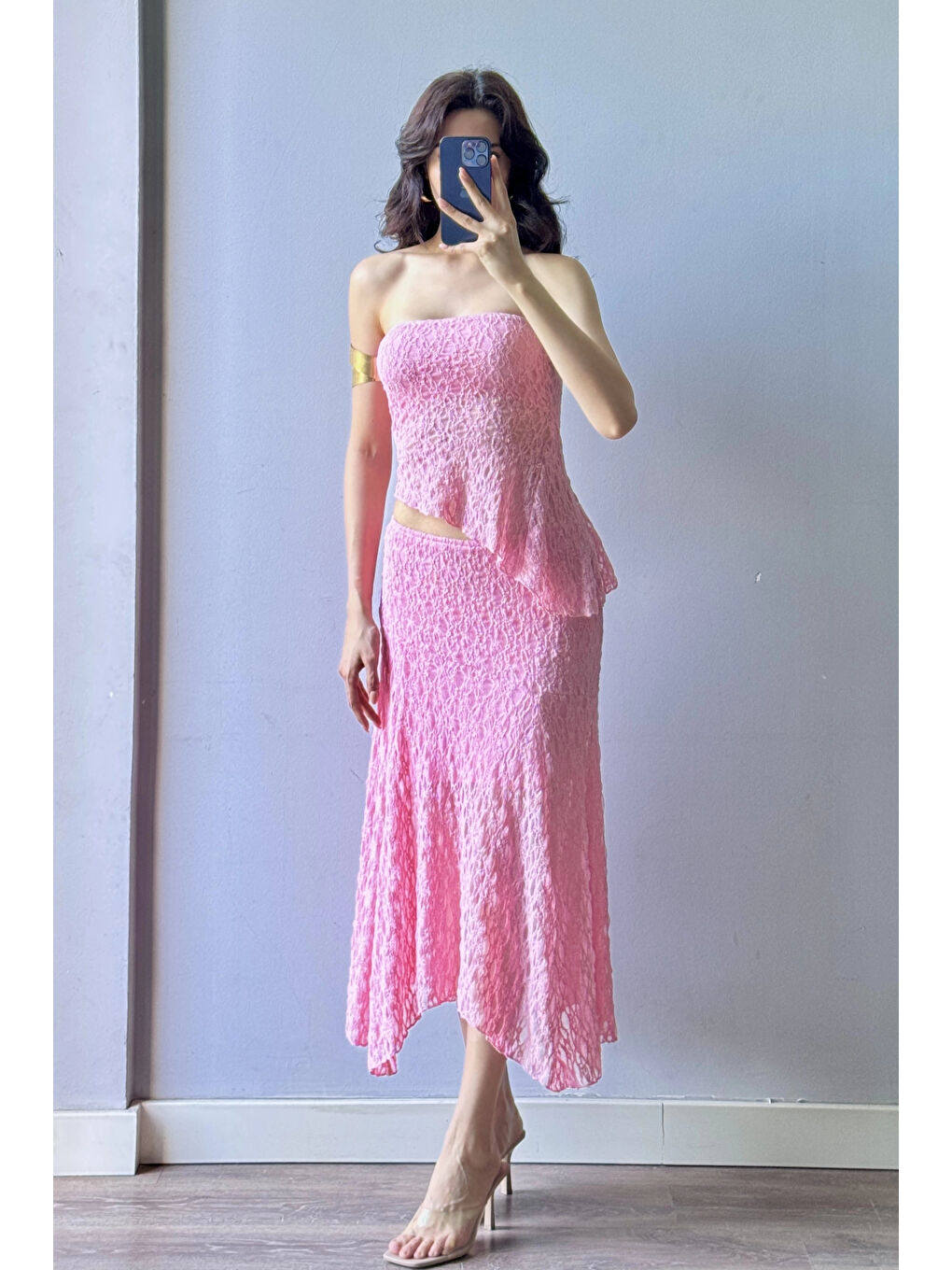 Kadın Pembe Dantel Crop Etek Takım 1026-221725