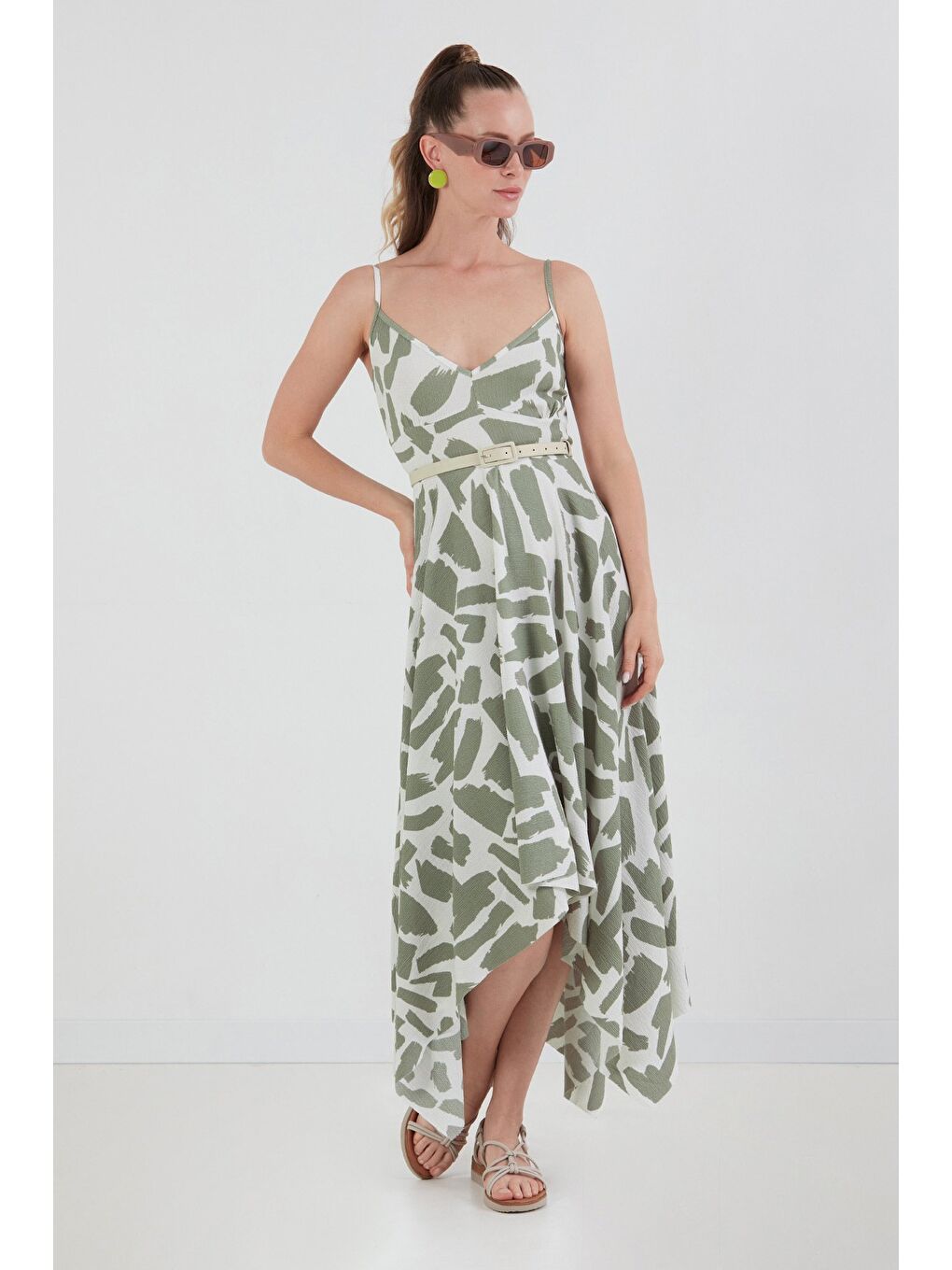 Turkuaz Desenli Bürümcük Kumaş Asimetrik Kesim Elbise