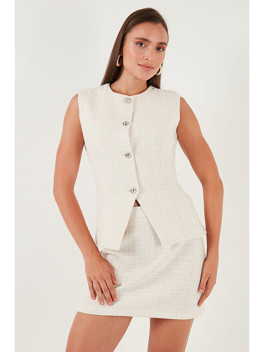 Ekru Pamuk ve Yün Karışımlı Slim Fit Bisiklet Yaka Kadın Tüvit Yelek 611YE00059-2