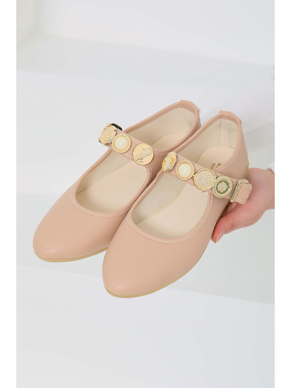 Bej Kadın Vizon Taş Detaylı Babet Ayakkabı - 27112-3
