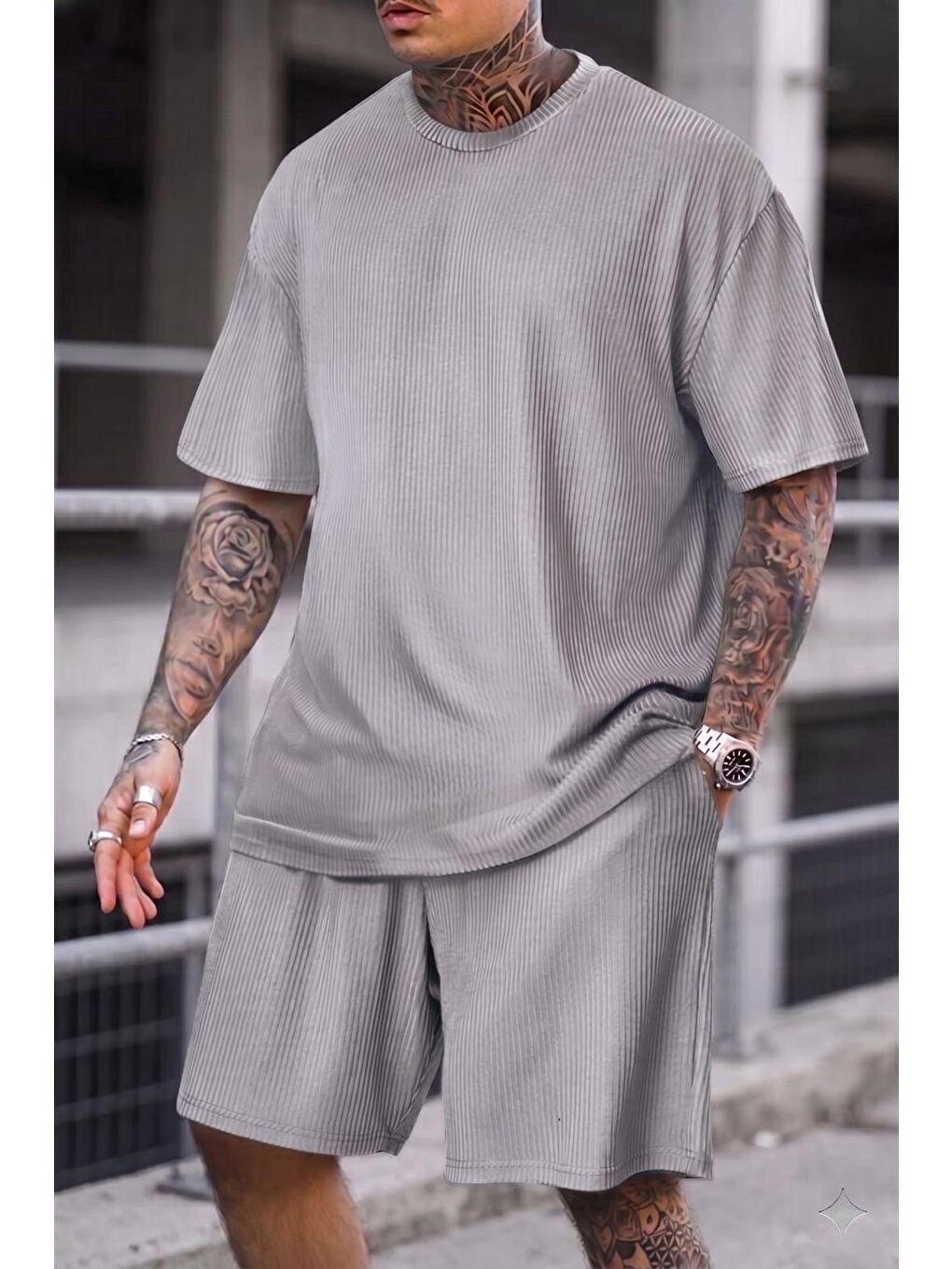 Gri Ches Ottoman Oversize Erkek Şort Tişört Takım-1