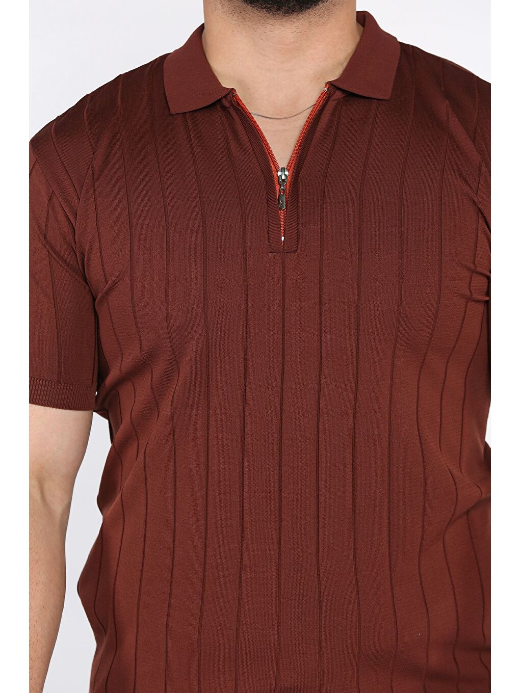Kahverengi Polo Yaka Yarım Fermuarlı Erkek Triko Tişört-3