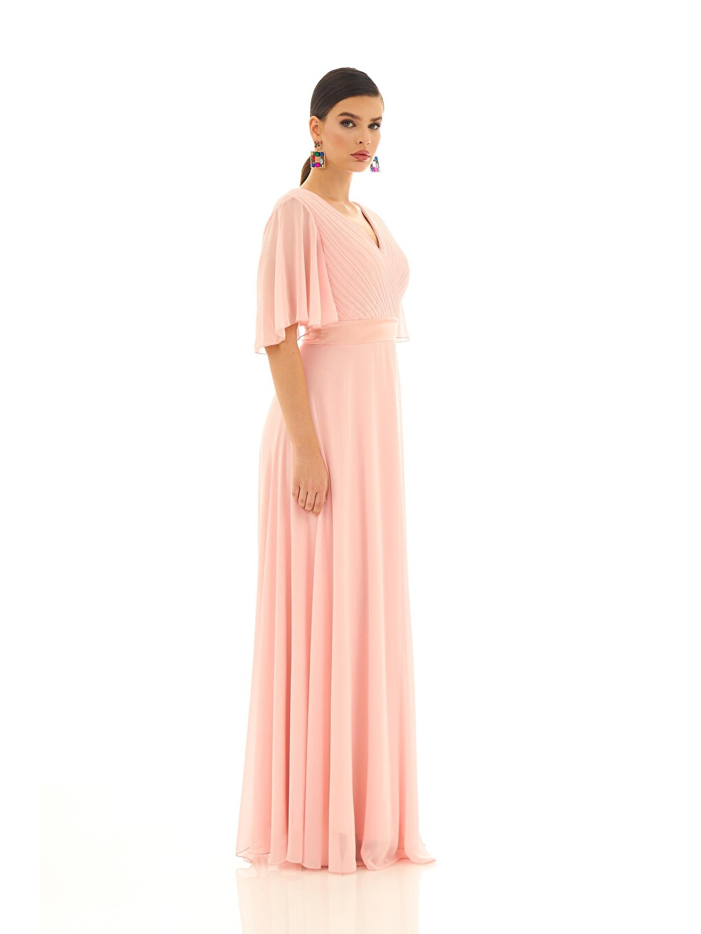 Pembe Pudra Şifon Piliseli Uzun Abiye Elbise-3