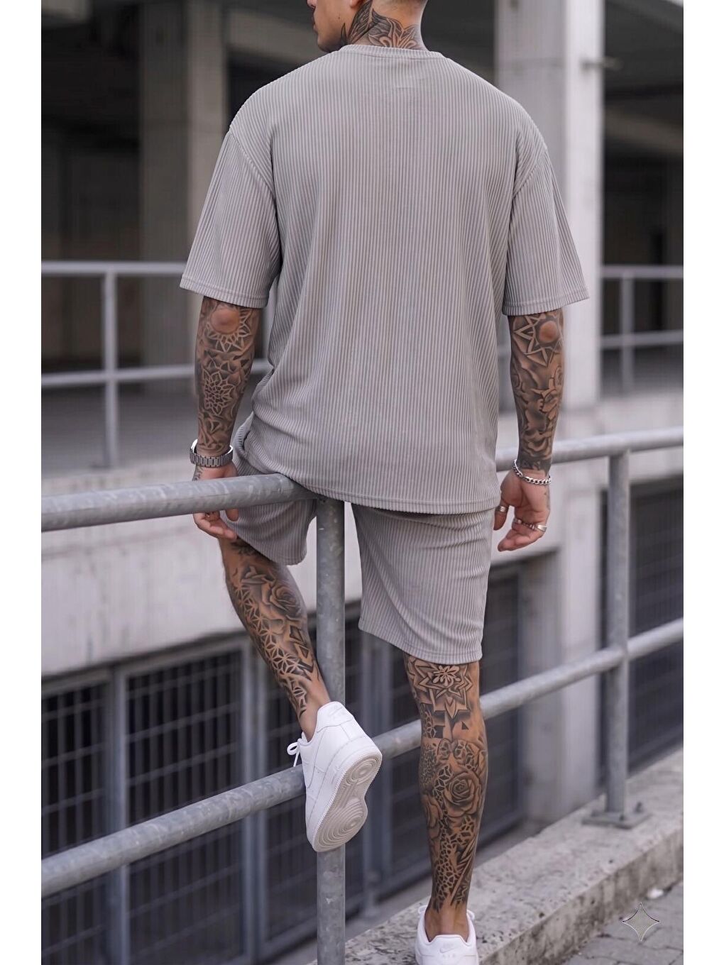 Gri Ches Ottoman Oversize Erkek Şort Tişört Takım-2