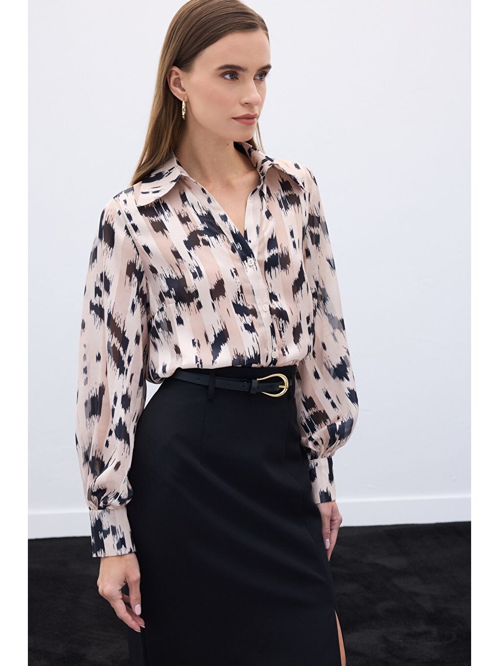 Geniş Manşetli Desenli Gömlek - Bej