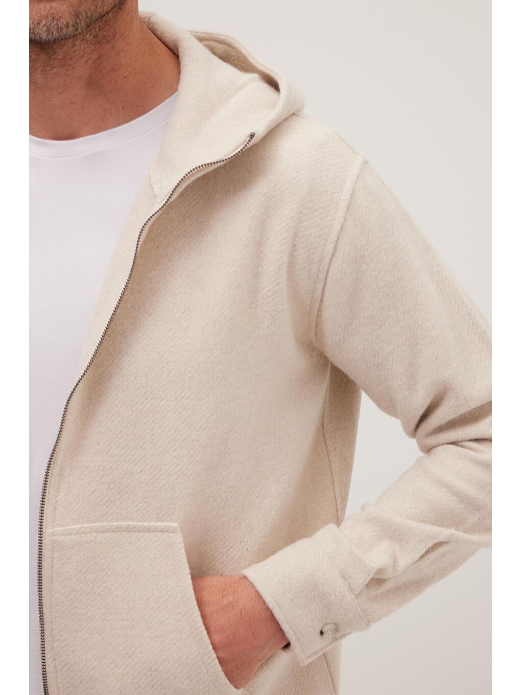 Erkek Relax Fit Rahat Kesim Fermuarlı Çift Cep Kapüşonlu Ekru Sweatshirt-2