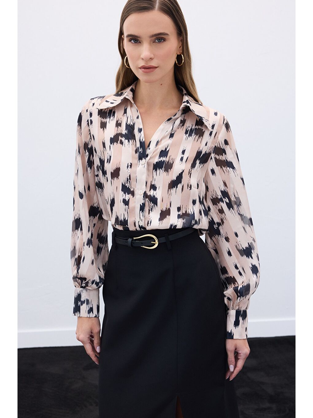 Geniş Manşetli Desenli Gömlek - Bej-2