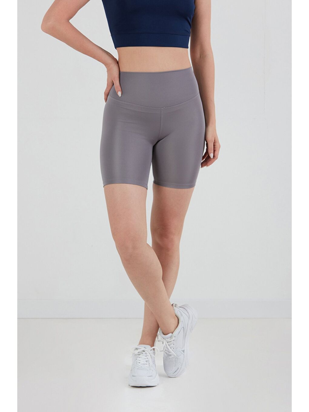 Gri Basic Yüksek Bel Biker Tayt-1