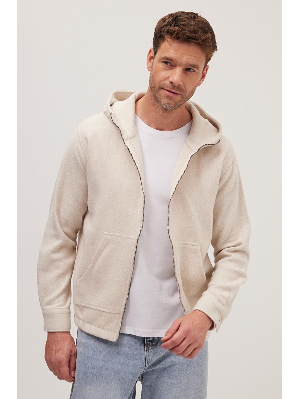 Erkek Relax Fit Rahat Kesim Fermuarlı Çift Cep Kapüşonlu Ekru Sweatshirt-3