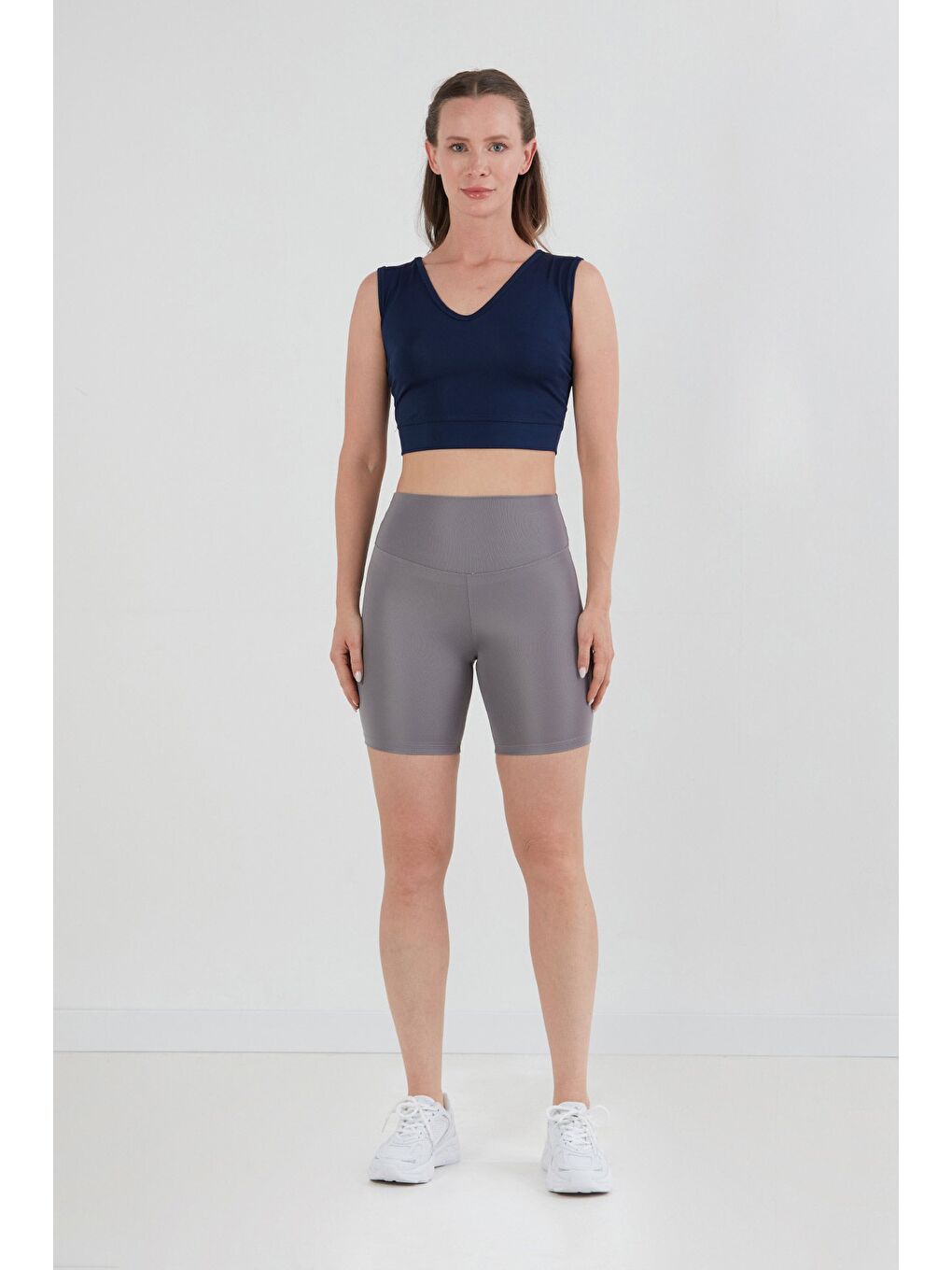 Gri Basic Yüksek Bel Biker Tayt-2