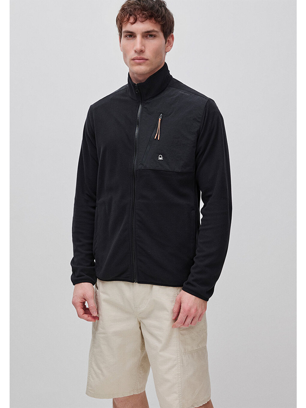 Erkek Siyah  Deri Detaylı Logolu Fermuarlı Sweatshirt