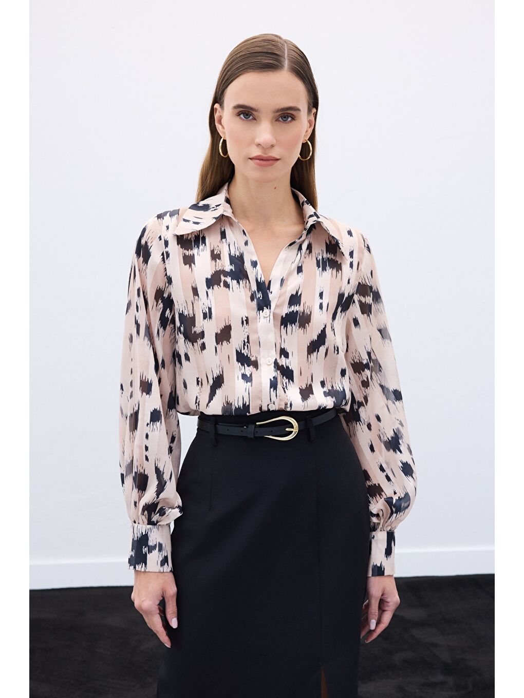 Geniş Manşetli Desenli Gömlek - Bej-3