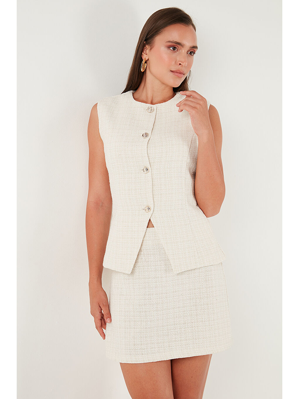 Ekru Pamuk ve Yün Karışımlı Slim Fit Bisiklet Yaka Kadın Tüvit Yelek 611YE00059-3