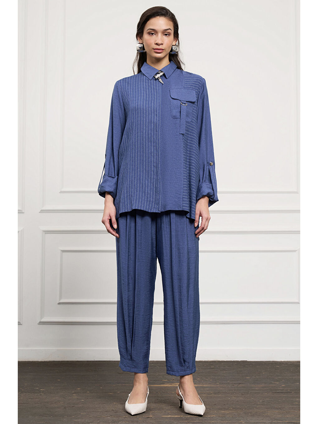 Çizgili Cep Detay Takım 1041 İndigo