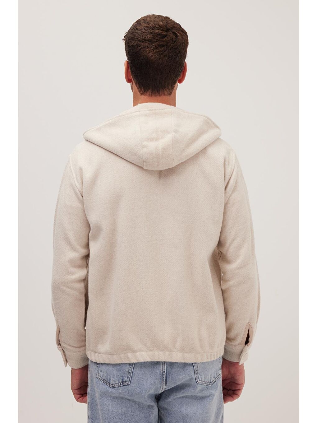 Erkek Relax Fit Rahat Kesim Fermuarlı Çift Cep Kapüşonlu Ekru Sweatshirt-5