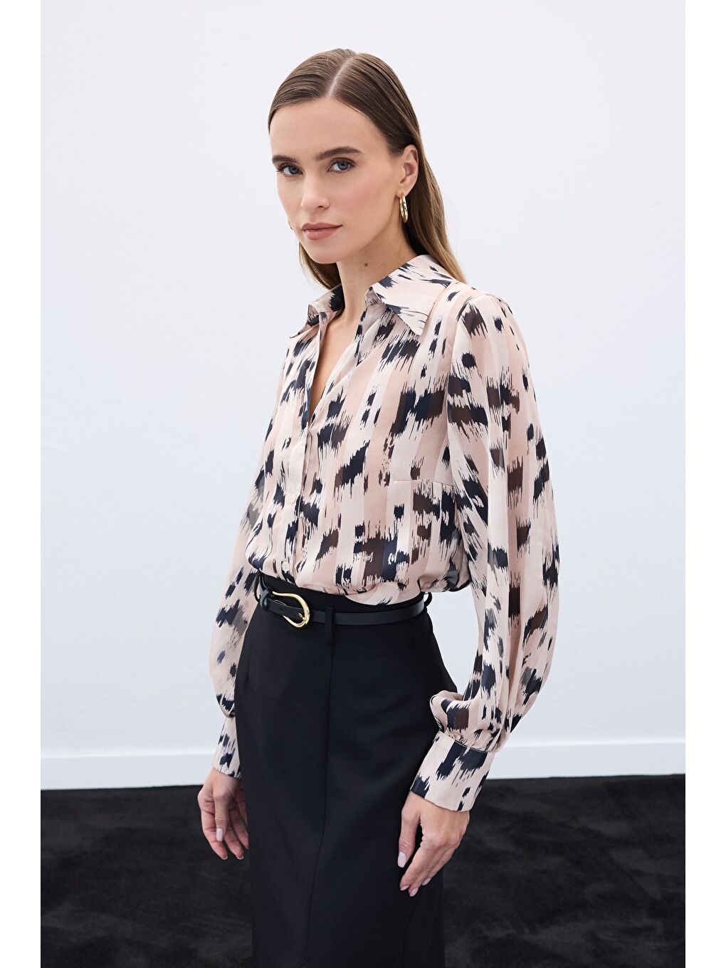 Geniş Manşetli Desenli Gömlek - Bej-4