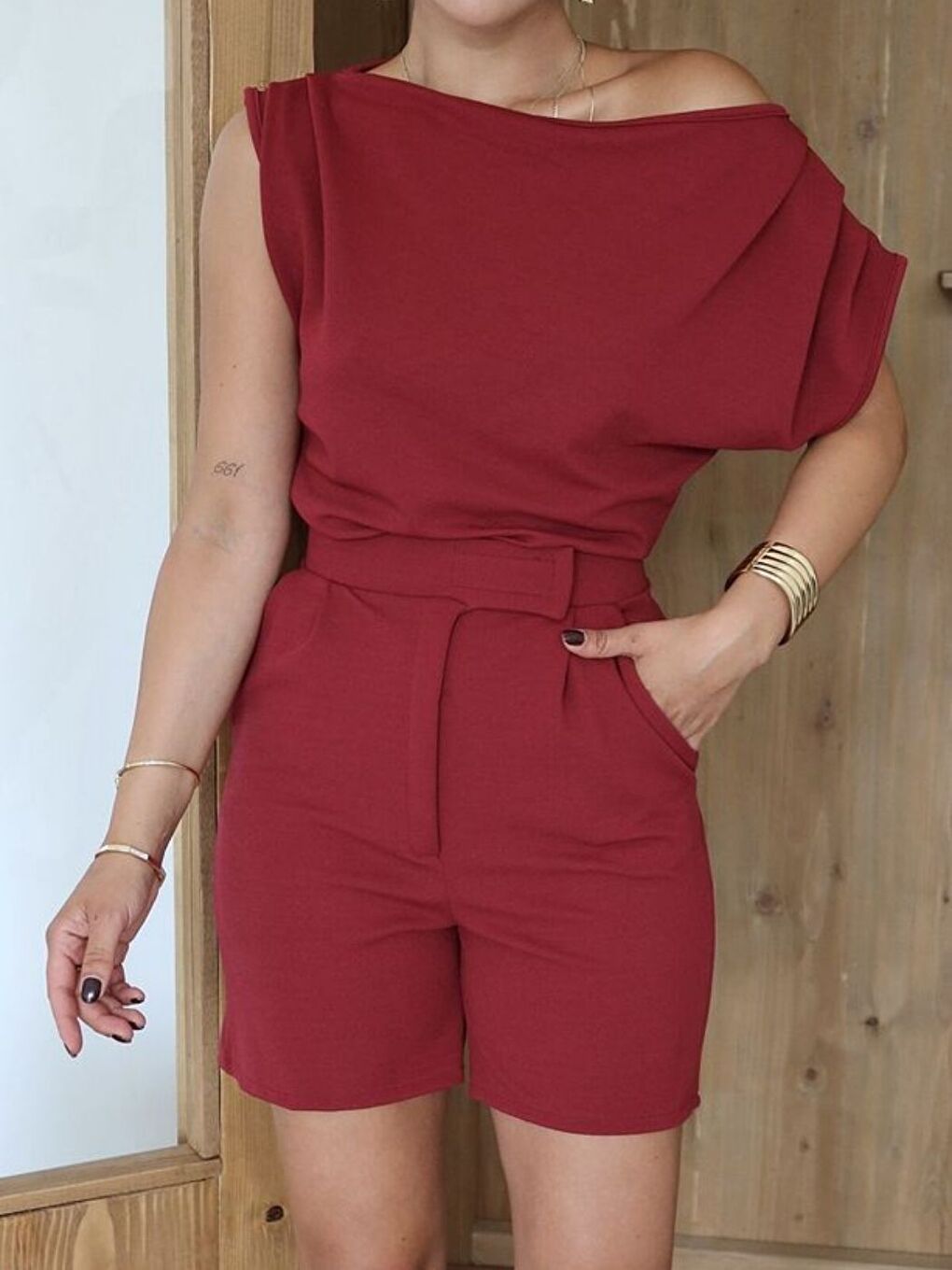 Kadın Bordo Omuz Detaylı Bluz Cırt Detaylı Şort Alt-Üst Takım