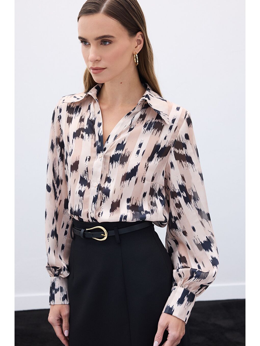 Geniş Manşetli Desenli Gömlek - Bej-5