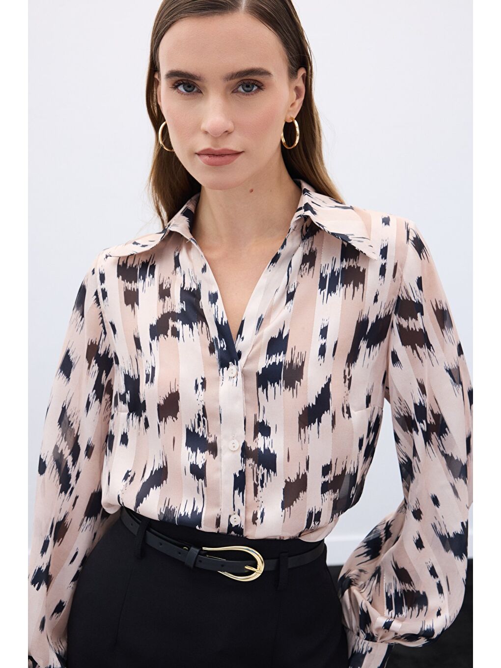 Geniş Manşetli Desenli Gömlek - Bej-6