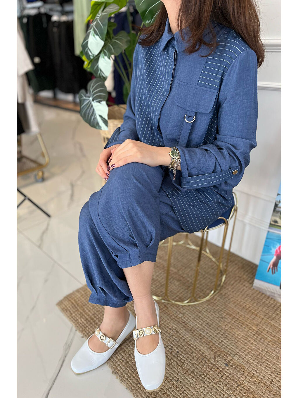 Çizgili Cep Detay Takım 1041 İndigo-1