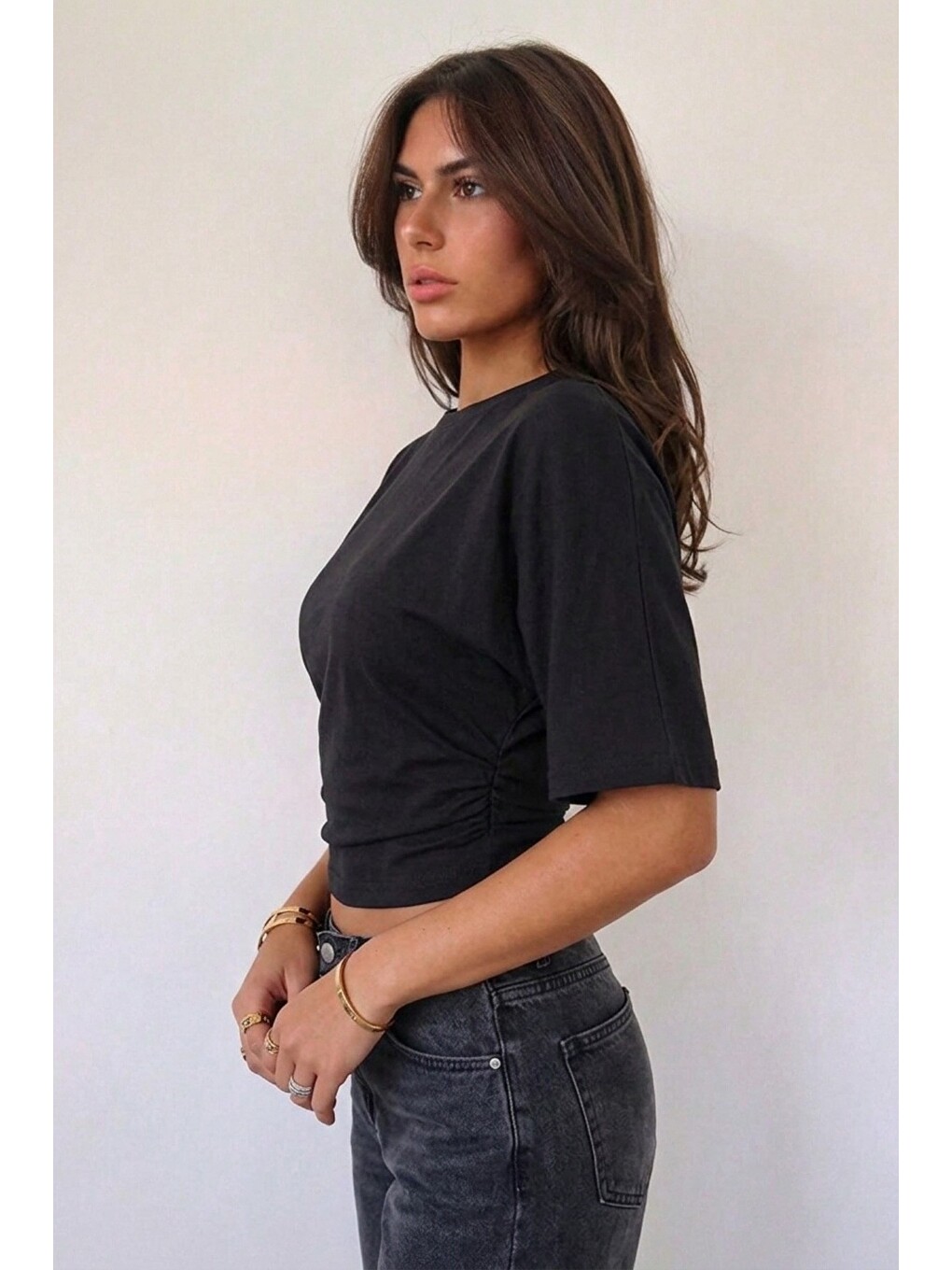 Siyah Kadın Yarasa Kol Belden Oturtmalı Crop Pamuklu Tişört-1