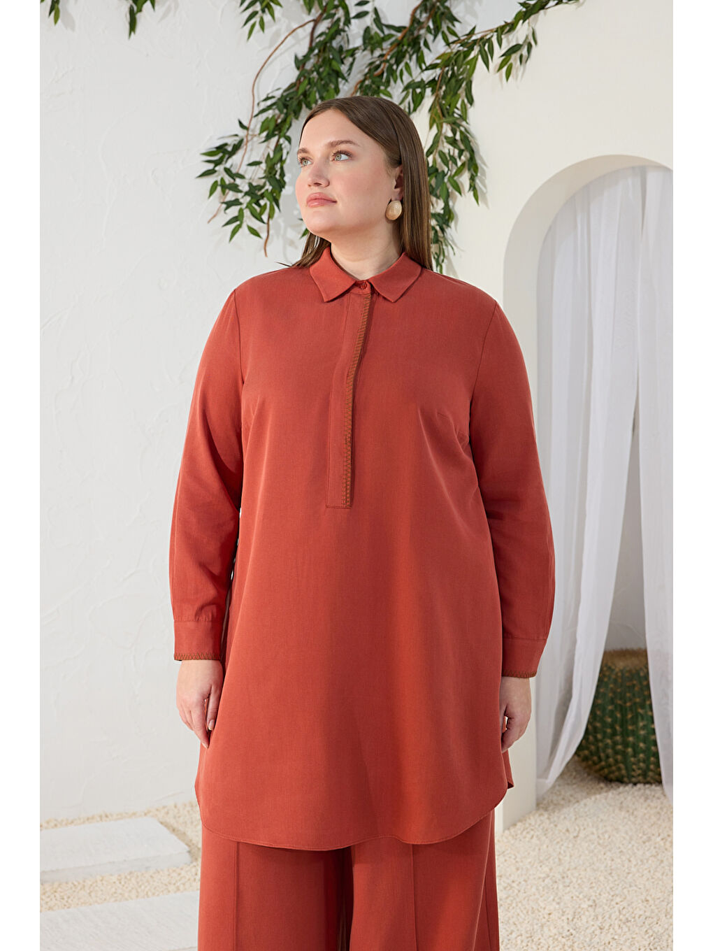 Kahverengi Tarçın Çoban Nakışlı Tunik-2