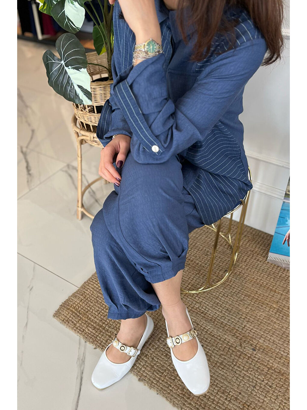 Çizgili Cep Detay Takım 1041 İndigo-2