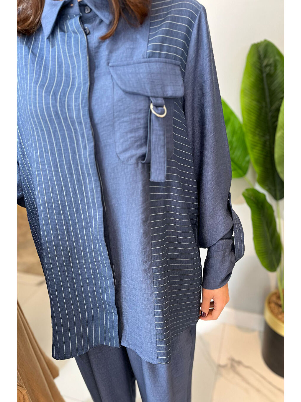 Çizgili Cep Detay Takım 1041 İndigo-3