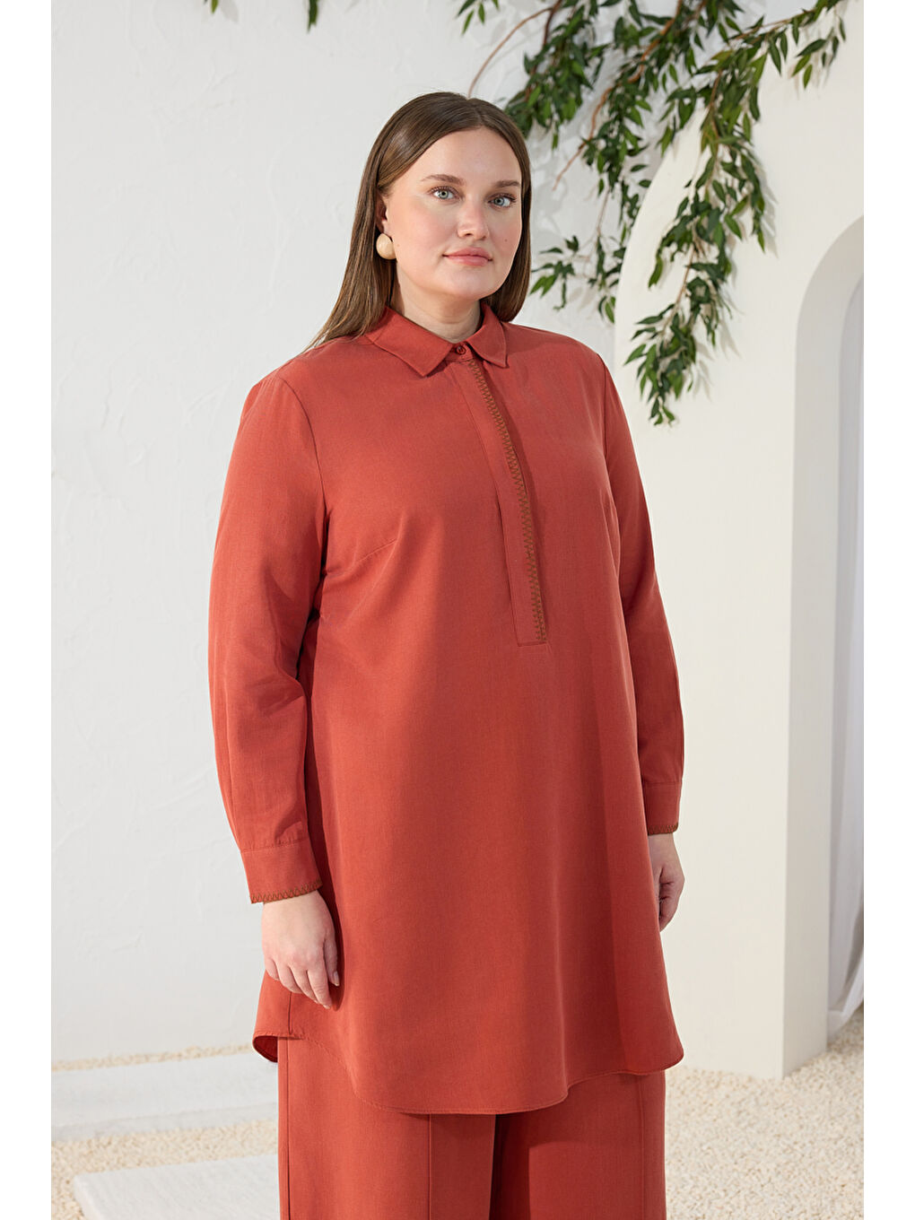 Kahverengi Tarçın Çoban Nakışlı Tunik-3