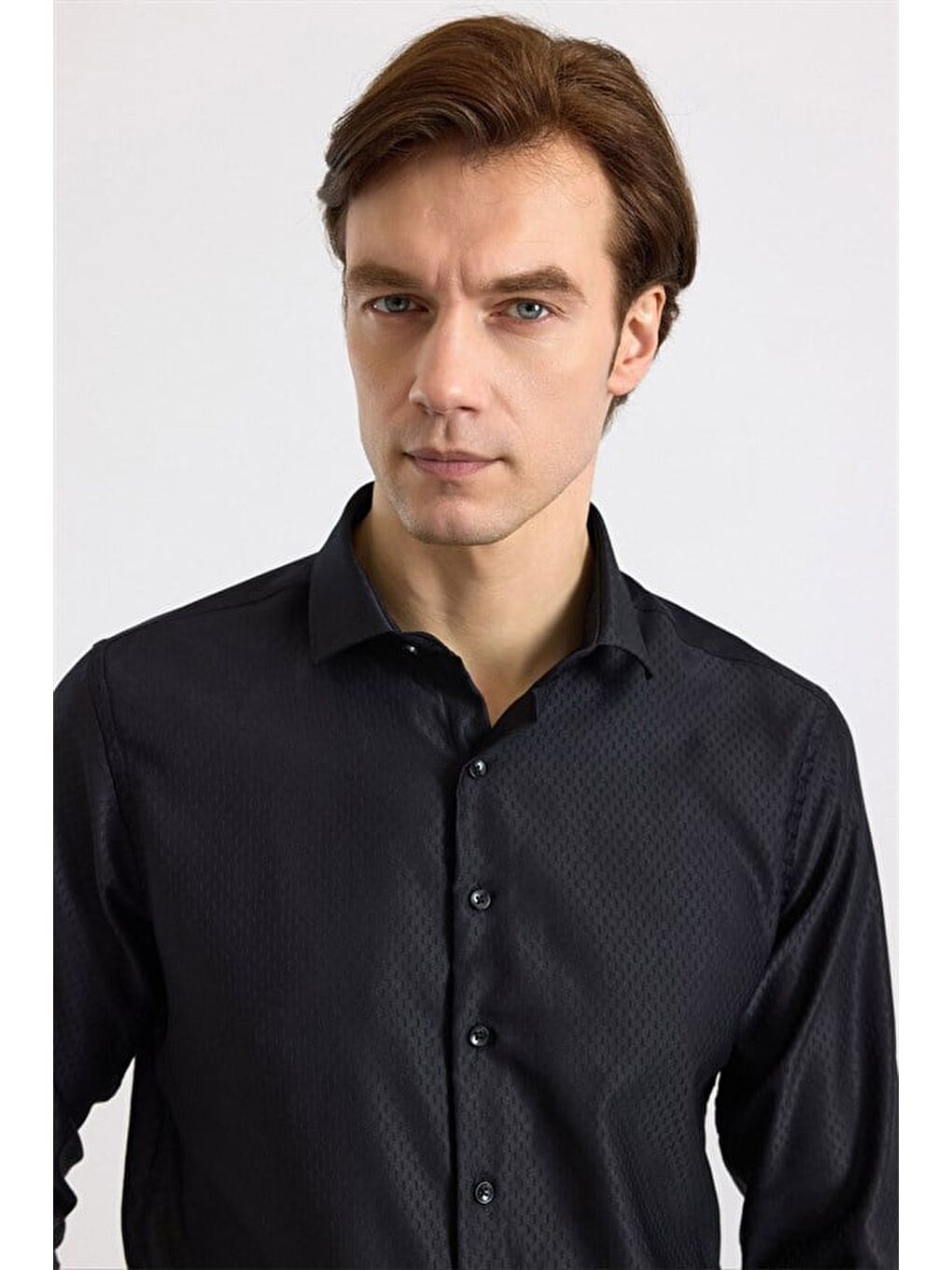 Siyah Slim Klasik Yaka Casual Gömlek-1