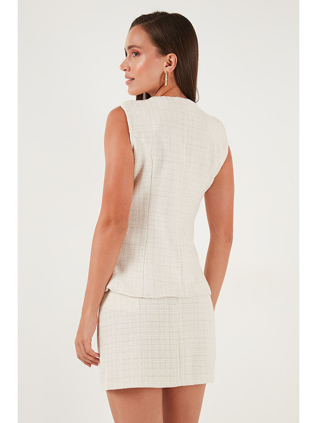 Ekru Pamuk ve Yün Karışımlı Slim Fit Bisiklet Yaka Kadın Tüvit Yelek 611YE00059-4